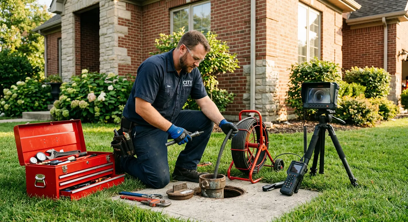Sewer specialist with camera equipment servicing a cleanout in Benton