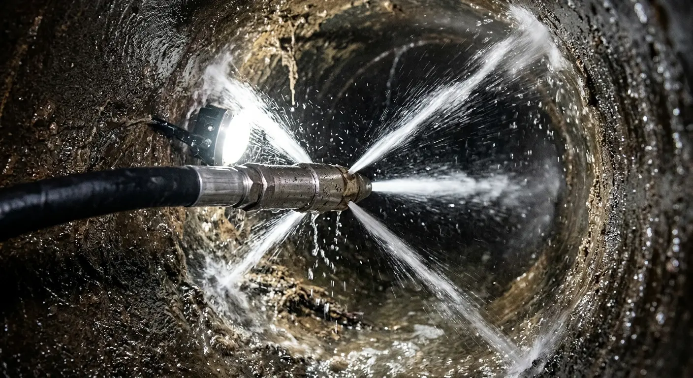 High-pressure hydro jetting nozzle cleaning sewer pipe for Emergency Drain Service in Benton