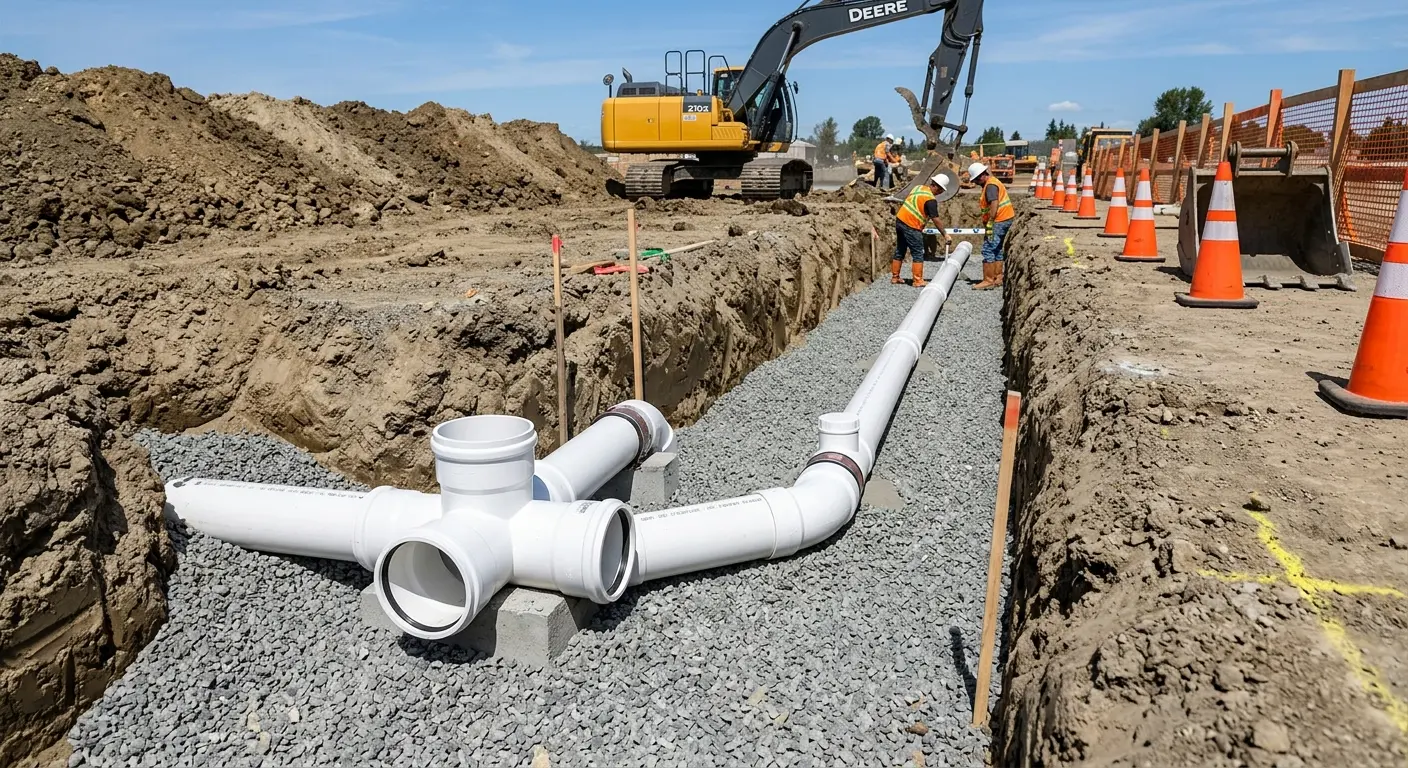 New PVC sewer pipe installation in open trench for Commercial Drain Cleaning in Benton