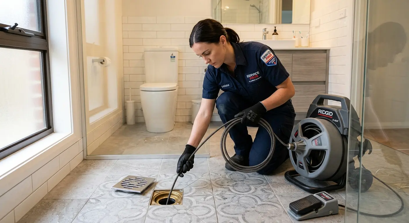 Technician clearing a bathroom floor drain for Hydro Jetting in Benton